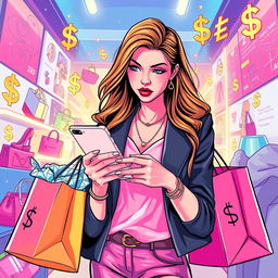 An illustration depicting the concepts of influencer marketing and affiliate scams, featuring a stylish, charismatic influencer holding shopping bags loaded with trendy items