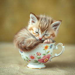A raw photograph of an adorable kitten curled up inside a delicate teacup, showcasing the kitten's fluffy fur and playful demeanor
