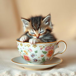 A raw photograph of an adorable kitten curled up inside a delicate teacup, showcasing the kitten's fluffy fur and playful demeanor