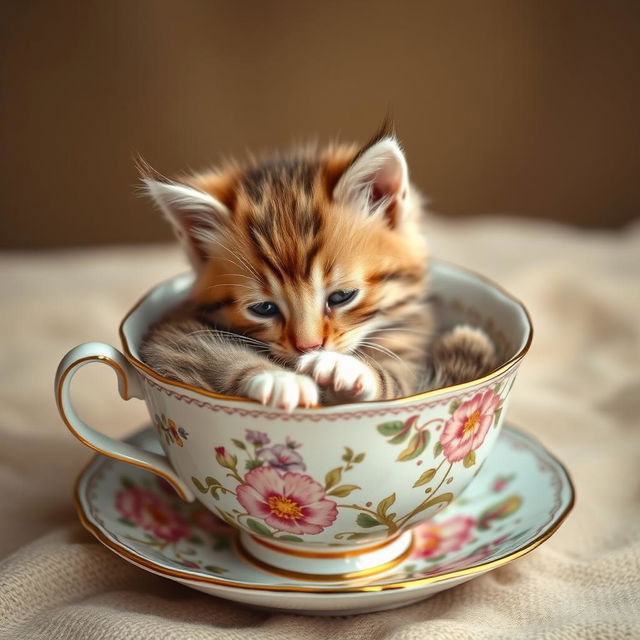 A raw photograph of an adorable kitten curled up inside a delicate teacup, showcasing the kitten's fluffy fur and playful demeanor