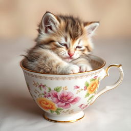 A raw photograph of an adorable kitten curled up inside a delicate teacup, showcasing the kitten's fluffy fur and playful demeanor