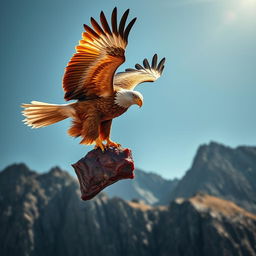 A majestic eagle soaring high in the sky, fiercely gripping a piece of wolf meat in its sharp talons