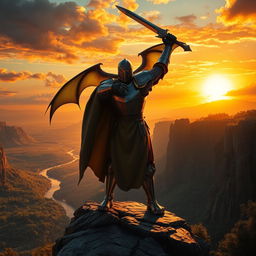 A heroic scene featuring a valiant knight in shining armor standing atop a rocky cliff, casting a bold silhouette against a vibrant sunset