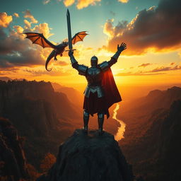 A heroic scene featuring a valiant knight in shining armor standing atop a rocky cliff, casting a bold silhouette against a vibrant sunset