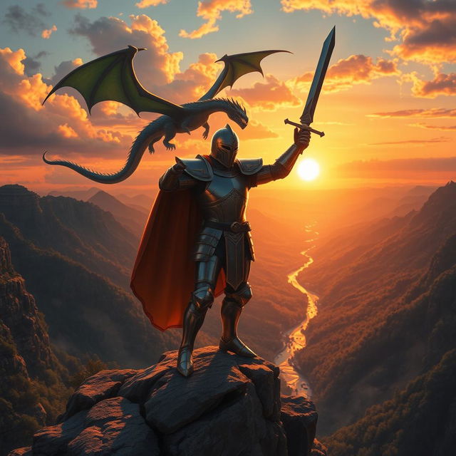 A heroic scene featuring a valiant knight in shining armor standing atop a rocky cliff, casting a bold silhouette against a vibrant sunset