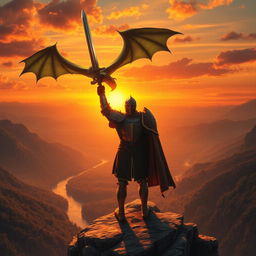 A heroic scene featuring a valiant knight in shining armor standing atop a rocky cliff, casting a bold silhouette against a vibrant sunset