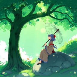 A character resembling Kagura, dressed in traditional attire, is sitting on a large stone under a tree, holding an umbrella