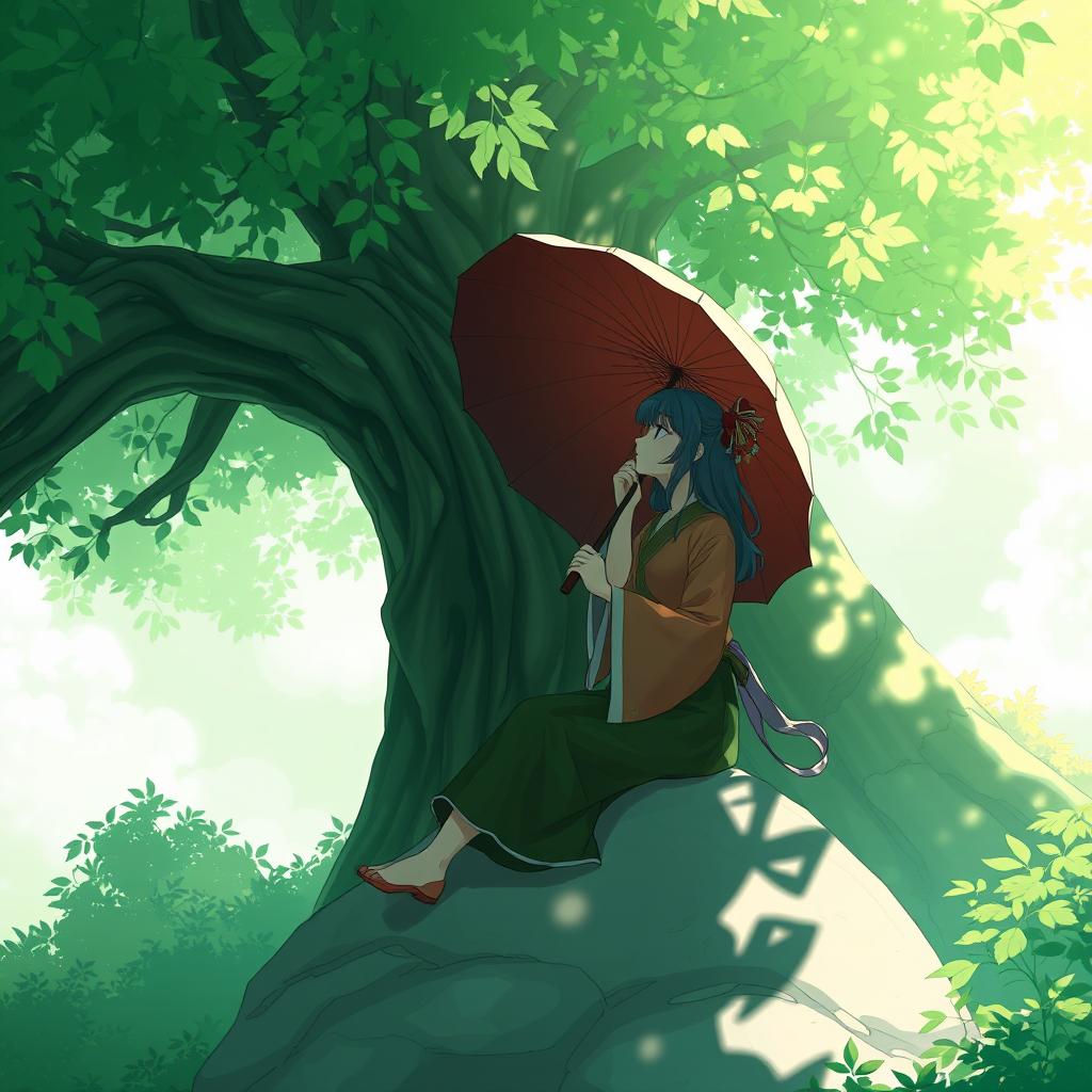 A character resembling Kagura, dressed in traditional attire, is sitting on a large stone under a tree, holding an umbrella