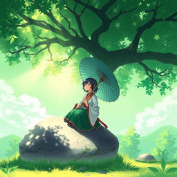A character resembling Kagura, dressed in traditional attire, is sitting on a large stone under a tree, holding an umbrella