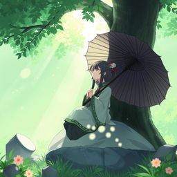 A character resembling Kagura, dressed in traditional attire, is sitting on a large stone under a tree, holding an umbrella