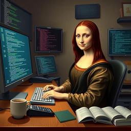 A whimsical scene featuring the famous Mona Lisa character, portrayed as a modern programmer, sitting at a sleek desk with a computer displaying lines of C++ code