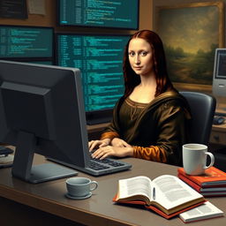 A whimsical scene featuring the famous Mona Lisa character, portrayed as a modern programmer, sitting at a sleek desk with a computer displaying lines of C++ code