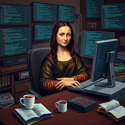 A whimsical scene featuring the famous Mona Lisa character, portrayed as a modern programmer, sitting at a sleek desk with a computer displaying lines of C++ code
