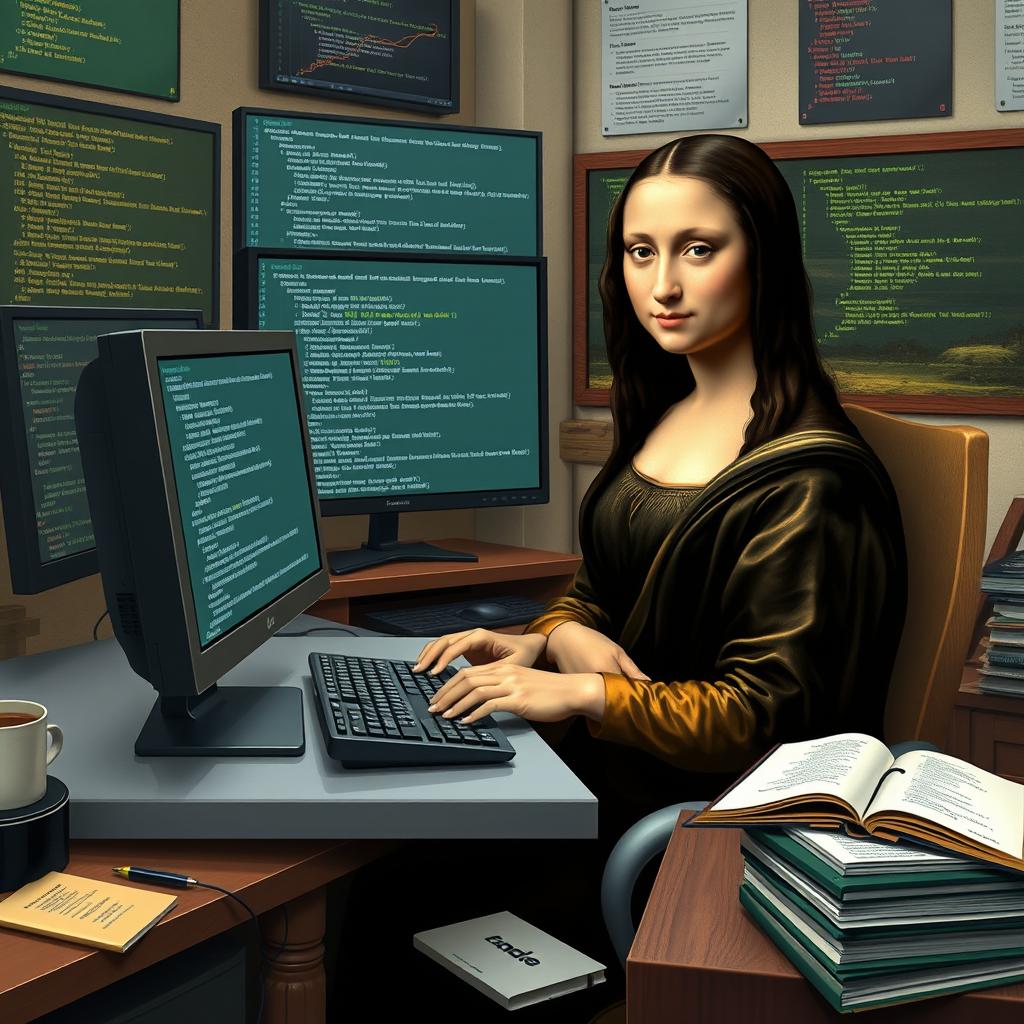 A whimsical scene featuring the famous Mona Lisa character, portrayed as a modern programmer, sitting at a sleek desk with a computer displaying lines of C++ code