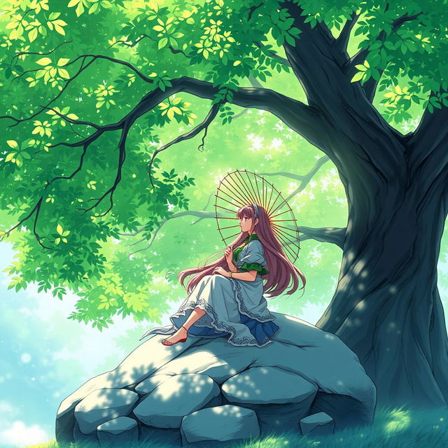 A beautiful girl with long flowing hair, named Kagura, sitting on a large rock beneath a lush green tree