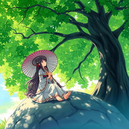 A beautiful girl with long flowing hair, named Kagura, sitting on a large rock beneath a lush green tree
