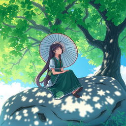 A beautiful girl with long flowing hair, named Kagura, sitting on a large rock beneath a lush green tree