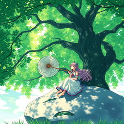 A beautiful girl with long flowing hair, named Kagura, sitting on a large rock beneath a lush green tree