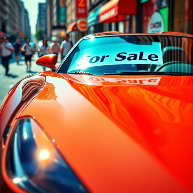 A vibrant and eye-catching advertisement for a car for sale, showcasing a sleek and modern sports car parked in an urban environment