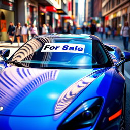 A vibrant and eye-catching advertisement for a car for sale, showcasing a sleek and modern sports car parked in an urban environment