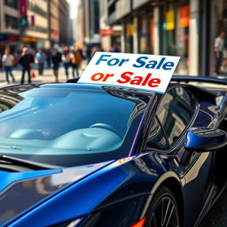 A vibrant and eye-catching advertisement for a car for sale, showcasing a sleek and modern sports car parked in an urban environment
