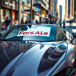 A vibrant and eye-catching advertisement for a car for sale, showcasing a sleek and modern sports car parked in an urban environment