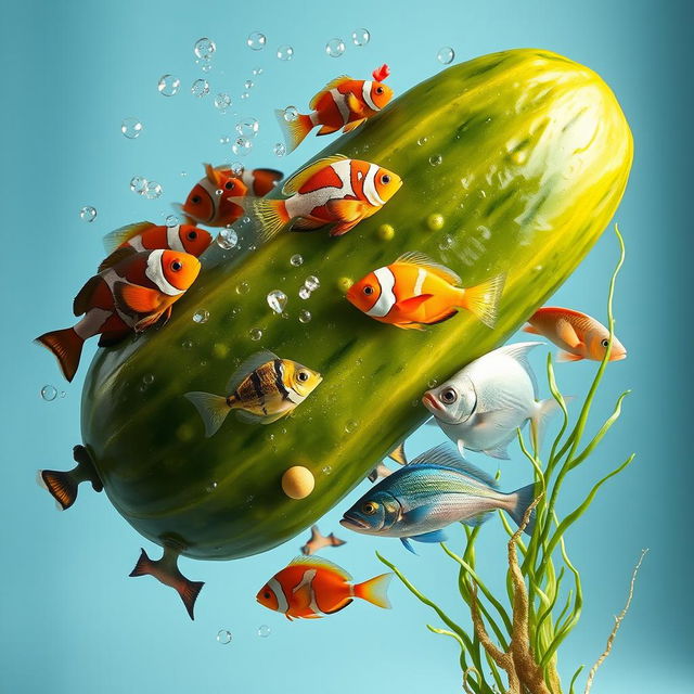 A creative and surreal still life composition featuring a giant pickle entwined with a colorful array of vibrant fish