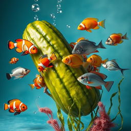 A creative and surreal still life composition featuring a giant pickle entwined with a colorful array of vibrant fish