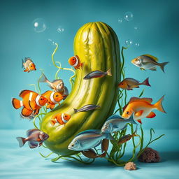 A creative and surreal still life composition featuring a giant pickle entwined with a colorful array of vibrant fish