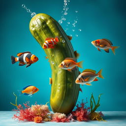 A creative and surreal still life composition featuring a giant pickle entwined with a colorful array of vibrant fish