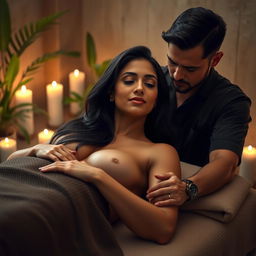 A hyper-realistic scene featuring a woman, Neha Sharma, receiving a sensual massage from a man in a serene spa setting