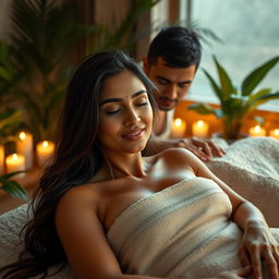 A hyper-realistic scene featuring a woman, Neha Sharma, receiving a sensual massage from a man in a serene spa setting