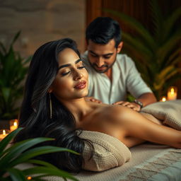 A hyper-realistic scene featuring a woman, Neha Sharma, receiving a sensual massage from a man in a serene spa setting