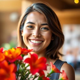 A portrait featuring a person smiling happily, with a rich and colorful foreground subject such as beautiful flowers or an intriguing object, while the background is softly blurred to enhance the focus on the foreground