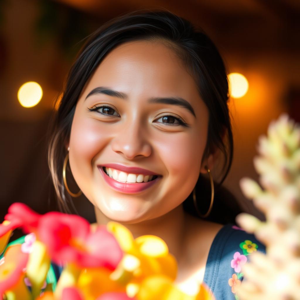 A portrait featuring a person smiling happily, with a rich and colorful foreground subject such as beautiful flowers or an intriguing object, while the background is softly blurred to enhance the focus on the foreground