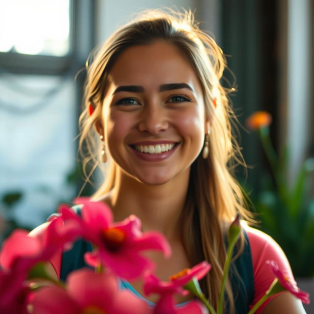 A portrait featuring a person smiling happily, with a rich and colorful foreground subject such as beautiful flowers or an intriguing object, while the background is softly blurred to enhance the focus on the foreground