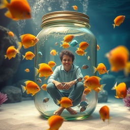 A whimsical scene featuring a person enclosed inside a giant pickle jar, surrounded by colorful tropical fish swimming around