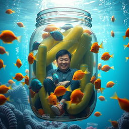A whimsical scene featuring a person enclosed inside a giant pickle jar, surrounded by colorful tropical fish swimming around