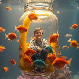 A whimsical scene featuring a person enclosed inside a giant pickle jar, surrounded by colorful tropical fish swimming around