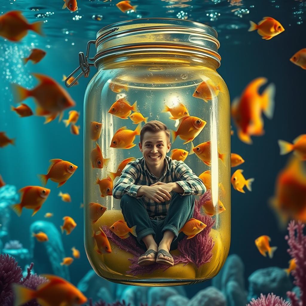 A whimsical scene featuring a person enclosed inside a giant pickle jar, surrounded by colorful tropical fish swimming around