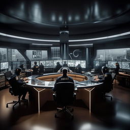 A well-lit glass penthouse office designed as a SWAT control room with 5 officers seated at screens on an arc console, and another officer sitting alone at a separate desk with a screen, using design elements from the provided link.