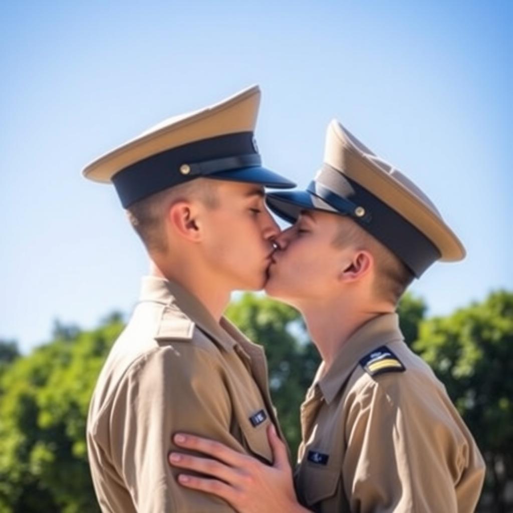 A tender scene of two male cadets sharing a soft kiss