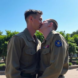 A tender scene of two male cadets sharing a soft kiss