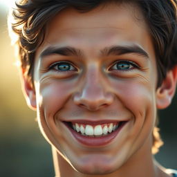 A close-up portrait of a cheerful young man with dark hair and bright blue eyes, showing a wide, genuine smile that reflects happiness and positivity