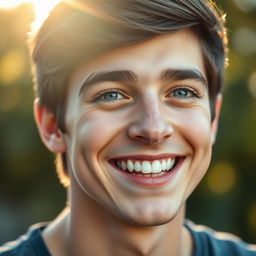 A close-up portrait of a cheerful young man with dark hair and bright blue eyes, showing a wide, genuine smile that reflects happiness and positivity