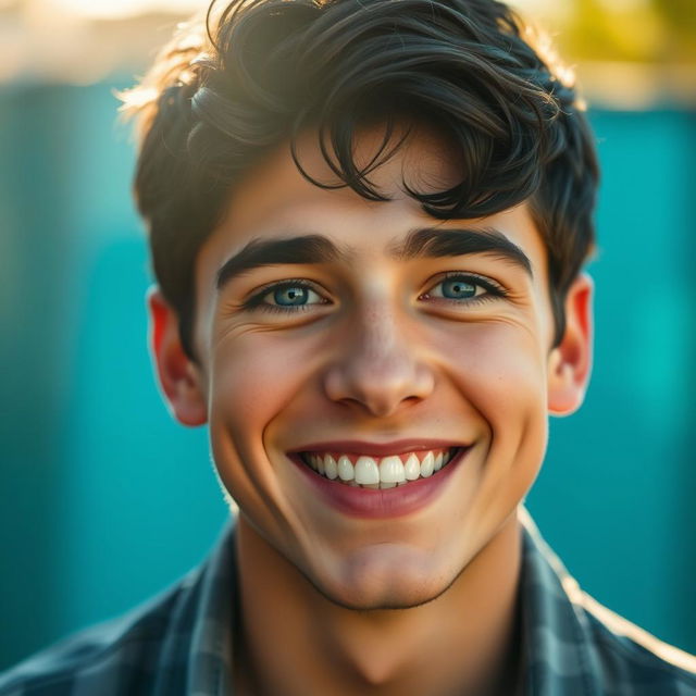 A close-up portrait of a cheerful young man with dark hair and bright blue eyes, showing a wide, genuine smile that reflects happiness and positivity