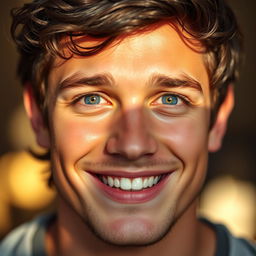 A close-up portrait of a cheerful young man with dark hair and bright blue eyes, showing a wide, genuine smile that reflects happiness and positivity