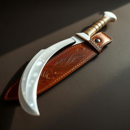 A beautifully crafted thin, curved blade that is pearly white, glinting in the light