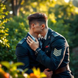 A muscular young male cadet sharing a romantic kiss with another male cadet, both dressed in stylish military uniforms