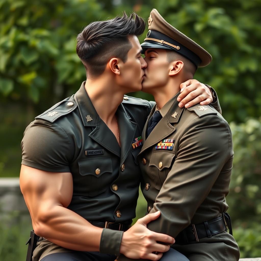 A muscular young male cadet sharing a romantic kiss with another male cadet, both dressed in stylish military uniforms